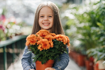 Naklejka premium Funny child with straight hair holding orange bouquet. Portrait of inspired little girl posing with flowers in autumn day.