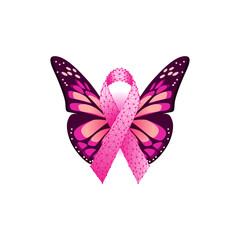 Breast cancer awareness banner template with pink ribbon and butterfly