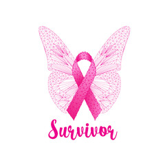 Breast cancer awareness banner template with pink lribbon, butterfly and text Survivor