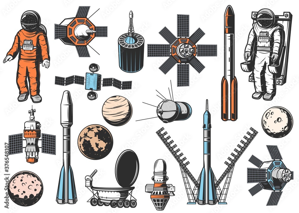 Poster space exploration icons set. astronaut in spacesuit on maneuvering unit, natural and artificial sate