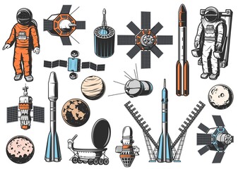 Space exploration icons set. Astronaut in spacesuit on maneuvering unit, natural and artificial satellites, rocket booster, spaceships and solar system planets, exploration rover isolated vectors