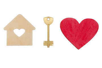 on a white background is a small house with a window in the shape of a heart, a golden key and a red heart. The idea is a house where love lives, buying your own house, creating a family hearth.