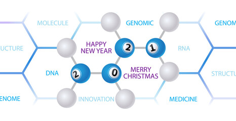 Christmas banner. structure of DNA, RNA with number 2021 on a white background. Merry Christmas and Happy New Year greetings concept in the field of medicine, science. Vector, illustration