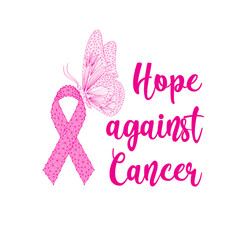 Breast cancer awareness banner template with pink ribbon, butterfly and text Hope against Cancer