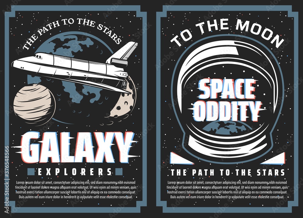 Aufkleber Galaxy explorers, space travel to stars vector banners. Space Shuttle orbiter flying in galaxy, Solar System planets and astronaut spacesuit helmet with planet Earth reflection. Moon program posters