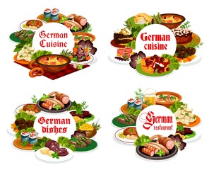German cuisine meals round vector banners. German soup with sausages, cherry pie and blutwurst, cabbage and potato salads with mustard, burghers cutlets and pork rolls, puff pastry with salmon meat