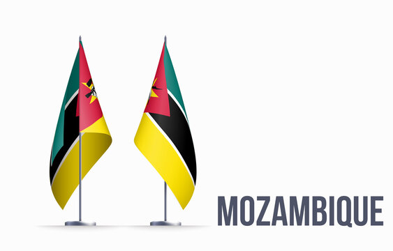 Mozambique flag state symbol isolated on background national banner. Greeting card National Independence Day of the Republic of Mozambique. Illustration banner with realistic state flag.