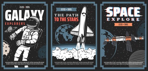 Space and galaxy explore program vector posters. Astronaut in cosmic vacuum, launching to stars shuttle spaceship, space station module flying in galaxy among planets. Aerospace science retro banners © Vector Tradition