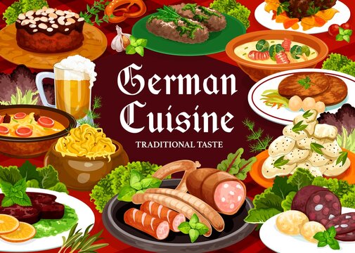 German cuisine food vector banner. Hamburg and bavarian steak, pork rolls, soup with bacon, cheese and potato salad with mustard, cake with almond crumbs, blood sausage and beer in tankard glass