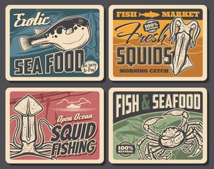 Puffer fish, squid and crab fishing, exotic seafood restaurant or fish market natural production vector retro posters, underwater animals open ocean fishing sport, hobby activity vintage cards design