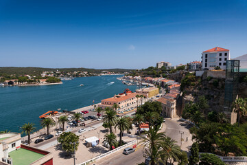 Obraz premium view of the harbor of the mediterranean sea in mahon, menorca