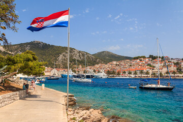 Croatian Flag Hvar Harbor - obrazy, fototapety, plakaty