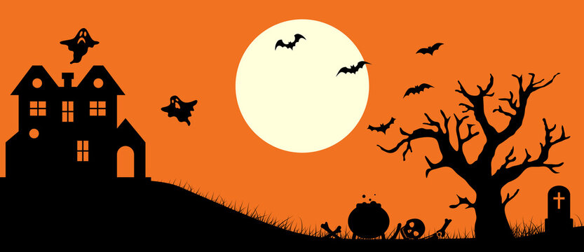 Happy Halloween banner. Halloween orange background with haunted house and tree. Full moon in the sky and bats. Vector illustration.