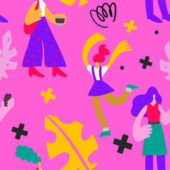 Obraz na płótnie Canvas Cartoon woman with cup of coffee and exited girl seamless pattern on pink background