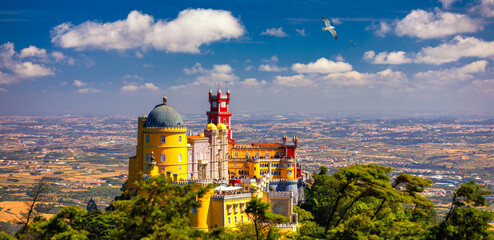 Palace of Pena in Sintra. Lisbon, Portugal. Travel Europe, holidays in Portugal. Panoramic View Of...