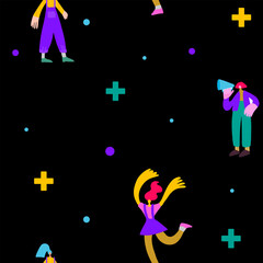 Doodle woman seamless pattern on black background