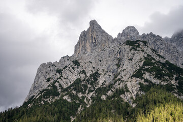Fototapeta na wymiar view on the karwendel mountains in Germany, Bayern-Bavaria, from the alpine town of Mittenwald