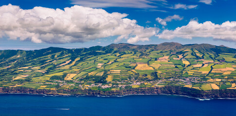 Aerial view from airplane, the Azores Islands, Sao Miguel and the Atlantic Ocean, Portugal