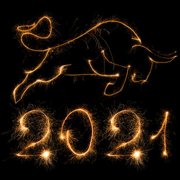 2021 Happy New Year greeting card. Celebration black background with Bull and place for your text. 2021 Chinese New Year of the 2021 Happy New Year greeting card. Celebration black background with Ox