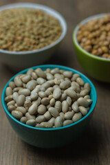 porotos en pocillo y otros pocillos de fondo con garbanzos y lentejas 
