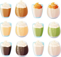 Vector illustration of various hipster drinks dalgona coffee, matcha in glasses isolated on white background