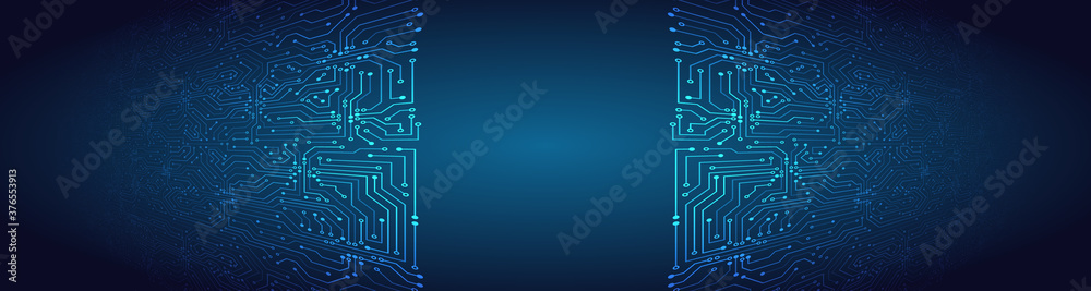 Aufkleber Wide perspective High-tech technology background texture. 3d Circuit board vector illustration. Microelectronics and engineering concept.