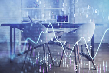 Multi exposure of financial graph drawing and office interior background. Concept of market...