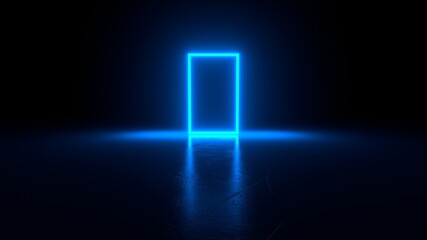 Glowing square in the dark. Geometric abstract figure in neon light on black background. Laser glow. Fashion concept, laser show. 3d rendering