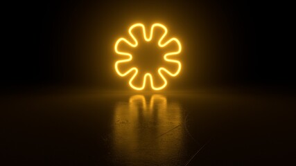 Glowing yellow flower in the dark. Geometric abstract figure in neon light on black background. Laser glow. Fashion concept, laser show. 3d rendering