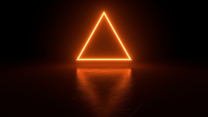 Glowing orange triangle in the dark. Geometric abstract figure in neon light on black background. Laser glow. Fashion concept, laser show. 3d rendering