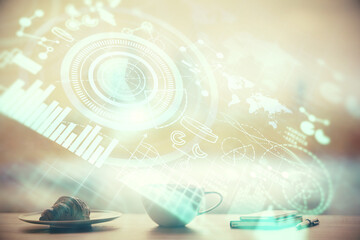 Double exposure of financial theme drawing hologram over coffee cup background in office. Concept of international business.