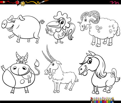 cartoon farm animal characters set coloring book page