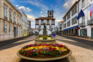 City Hall in Ponta Delgada, Azores, Portugal. Ponta Delgada City Hall with a bell tower in the capital of the Azores. Portugal, Sao Miguel. Town Hall, Ponta Delgada, Sao Miguel, Azores, Portugal - obrazy, fototapety, plakaty