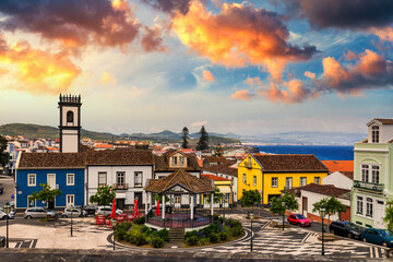 Panoramic cityscape view to Municipality and central square Of Ribeira Grande, Sao Miguel, Azores, Portugal. Central square of Ribeira Grande, Sao Miguel, Azores, Portugal.