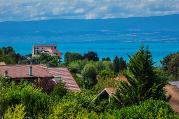 Fototapeta na wymiar Beautiful village Neuvecelle not far from Evian-les-Bains on the banks of Leman Lake (east of France). Haute-Savoie department in the Auvergne-Rhone-Alpes region.
