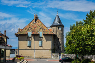Obraz premium Beautiful village Neuvecelle not far from Evian-les-Bains on the banks of Leman Lake (east of France). Haute-Savoie department in the Auvergne-Rhone-Alpes region.