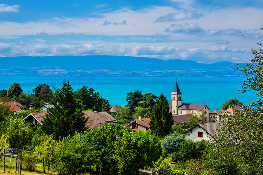 Beautiful village Neuvecelle not far from Evian-les-Bains on the banks of Leman Lake (east of France). Haute-Savoie department in the Auvergne-Rhone-Alpes region.