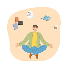 Man trying to concentrate and not to think about work aand articles and meditating