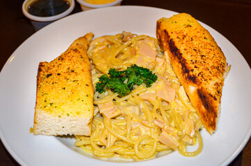 Spaghetti Carbonara and garlic bread