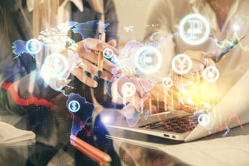 Double exposure of man and woman working together and forex chart hologram. Business concept. Computer background.