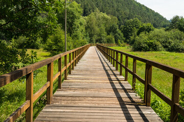 Fototapeta na wymiar wooden bridge in the Southwest Palatinate forest, wasgausee, schönau fischbach, germany