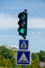 View of street sign or road sign, erected at the side of or above roads to provide information to road user in the downtown area of Reims