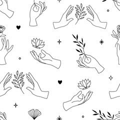 Vector seamless pattern of female hand icons in minimal linear style. Backgrounds with hand gestures, lotus, plants for cosmetics, manicure, beauty, tattoo, spa, jewelry