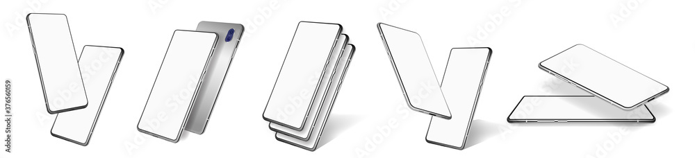 Aufkleber Excellent realistic collection of smartphones from different angles. 3D devices mockup for UI, UX, APP presentation. Template mobile phone with blank screen display. Isolated Smartphones. Vector set