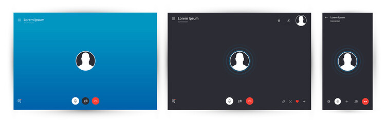 Video call chat app. Mockup video calls window overlay. Vector illustration UI, UX, KIT and web app. Call screen template. Standard screen for calls and video communications on PC. Vector illustration