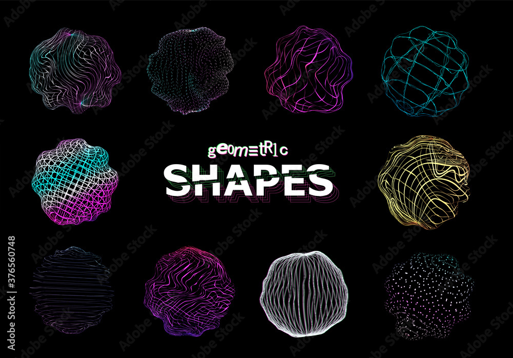 Poster spheres retro-futuristic with glitch effect and defect affects. universal trendy digital shapes. vap
