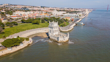 Belem Tower, Lisbon, Portugal. Aerial view of Torre de Belém, on the Tejo River, in Lisbon © Jair