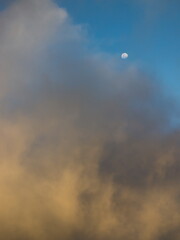 portrait image of a sky covered by a golden-shaded cloud with a distant crescent moon in the background.