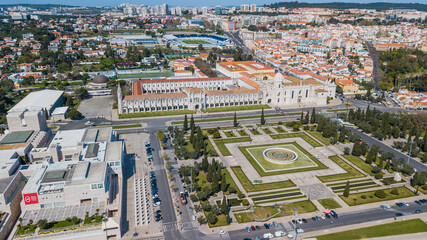 Lisbon. Aerial view of the Jer&oacute;nimos Monastery and the garden of Imp&eacute;rio square, in the Bel&eacute;m neighborhood, Lisbon, Portugal