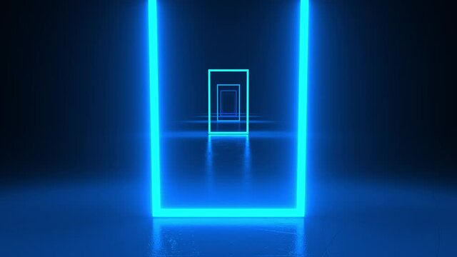 Abstract Neon square tunnel. Flying forward through rectangular corridor, long tunnel, appearing glowing blue square shapes. VJ, laser show.  3D animation of seamless loop. 4K UHD